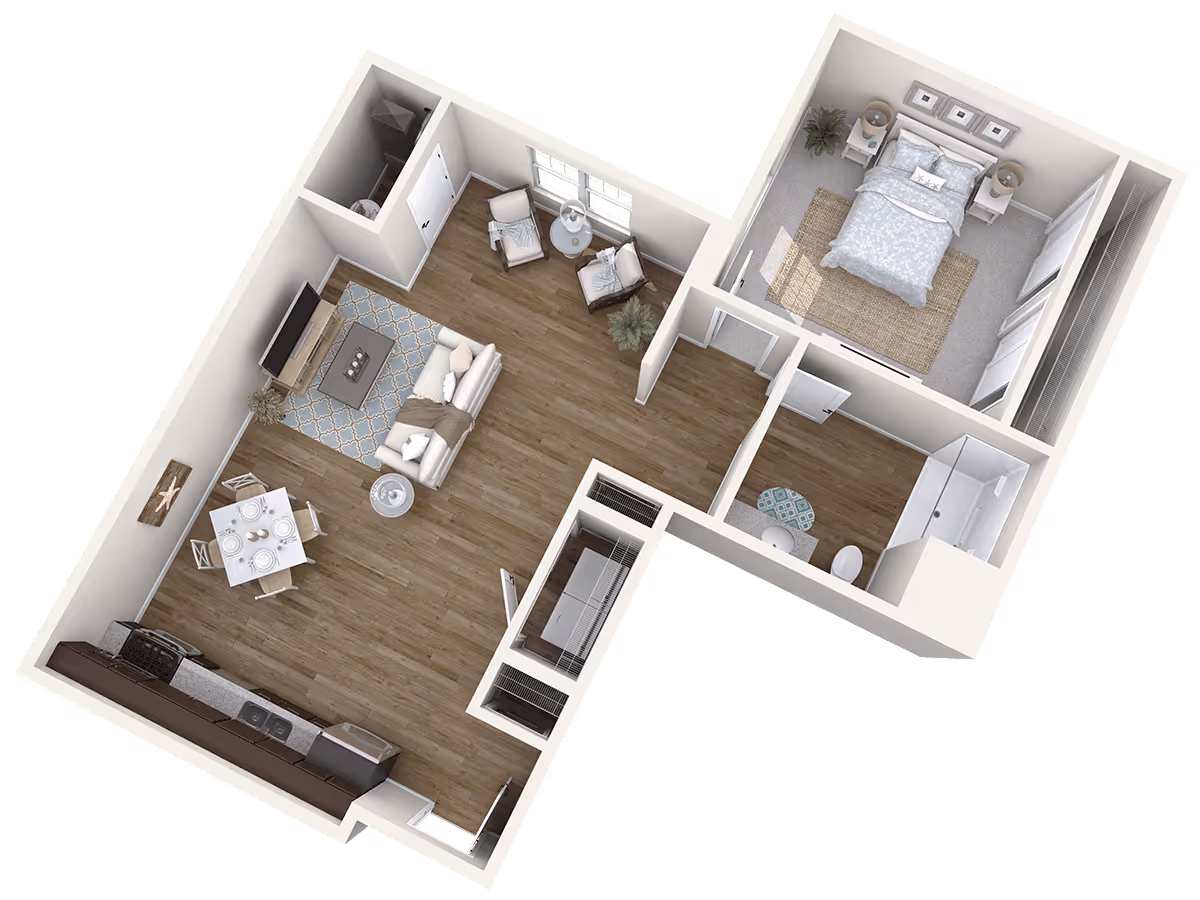 3D floor plan of a one-bedroom apartment featuring a bedroom with a bed and nightstands, a bathroom with a shower, toilet, and sink, a living room with a sofa, coffee table, TV, and two chairs near a window, a dining area with a table and four chairs, and a kitchen with appliances and cabinets along one wall.
