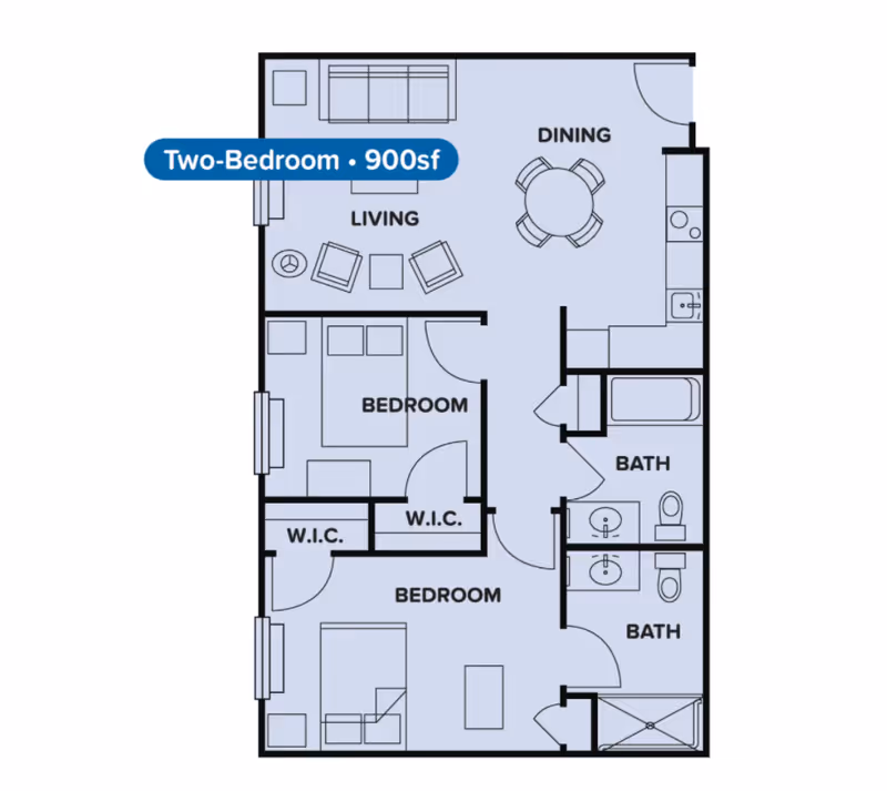 Floor plan of a two-bedroom apartment with 900 square feet, showing living room, dining area, kitchen, two bedrooms each with walk-in closets, and two bathrooms.