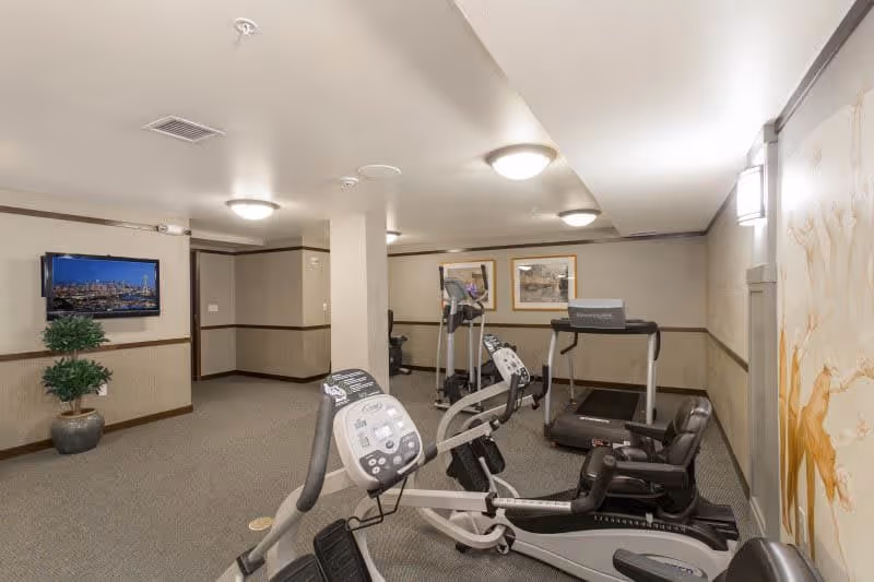 Indoor fitness room with exercise equipment including a recumbent bike, treadmill, and elliptical machine. The room has beige walls with a dark trim, carpeted floor, ceiling lights, a wall-mounted TV, framed pictures on the wall, and a potted plant in the corner.
