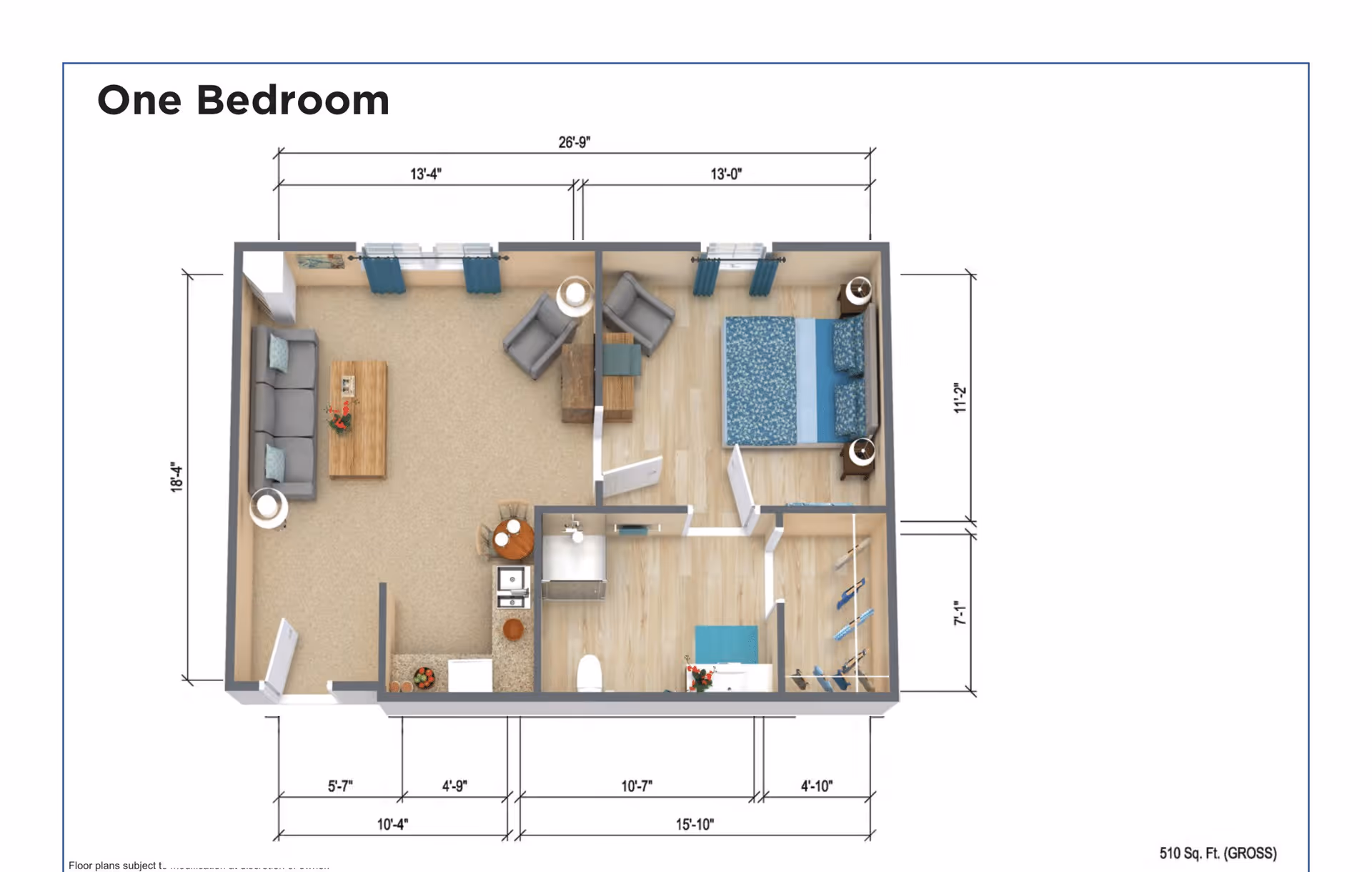 3D floor plan of a one-bedroom apartment showing a living room with sofa, coffee table, and two chairs, a kitchen area with sink and small dining table, a bedroom with a bed and two nightstands, a bathroom with sink and toilet, and a closet space. Dimensions of each room and overall layout are labeled.