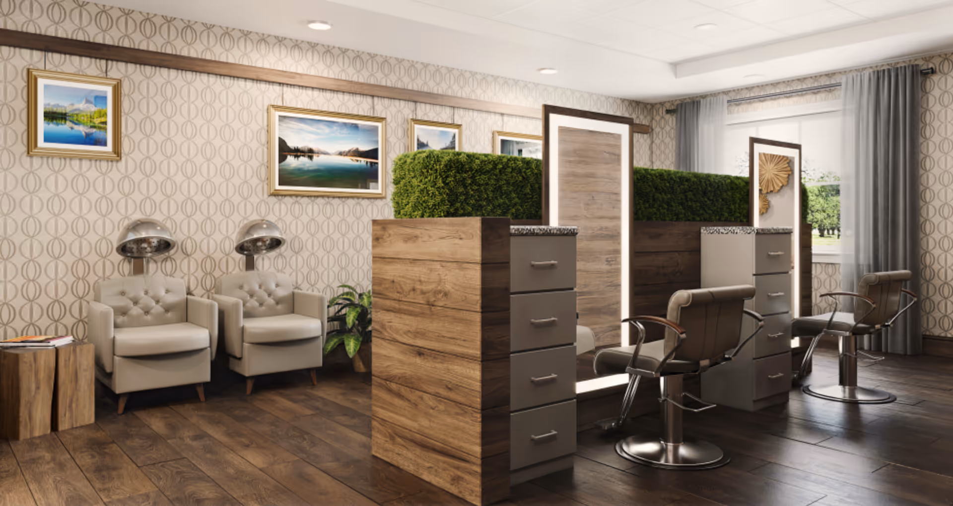 A modern salon space featuring wood-paneled styling stations with mirrors, swivel salon chairs, hooded hair dryers and framed artwork.