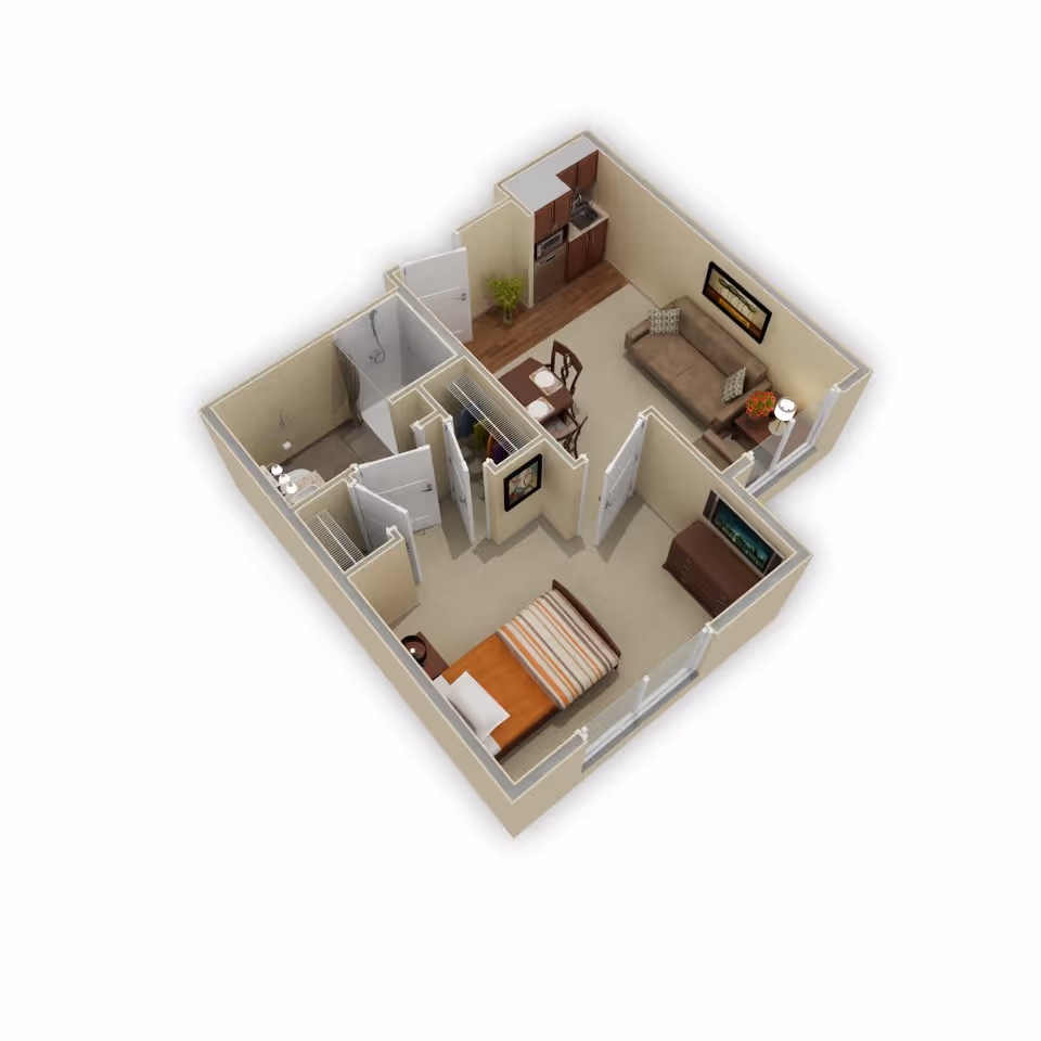 3D floor plan of a senior living apartment showing a bedroom with a bed and dresser, a bathroom with a shower, a living room with a sofa and side table, and a small kitchen area with cabinets and a dining table with two chairs.