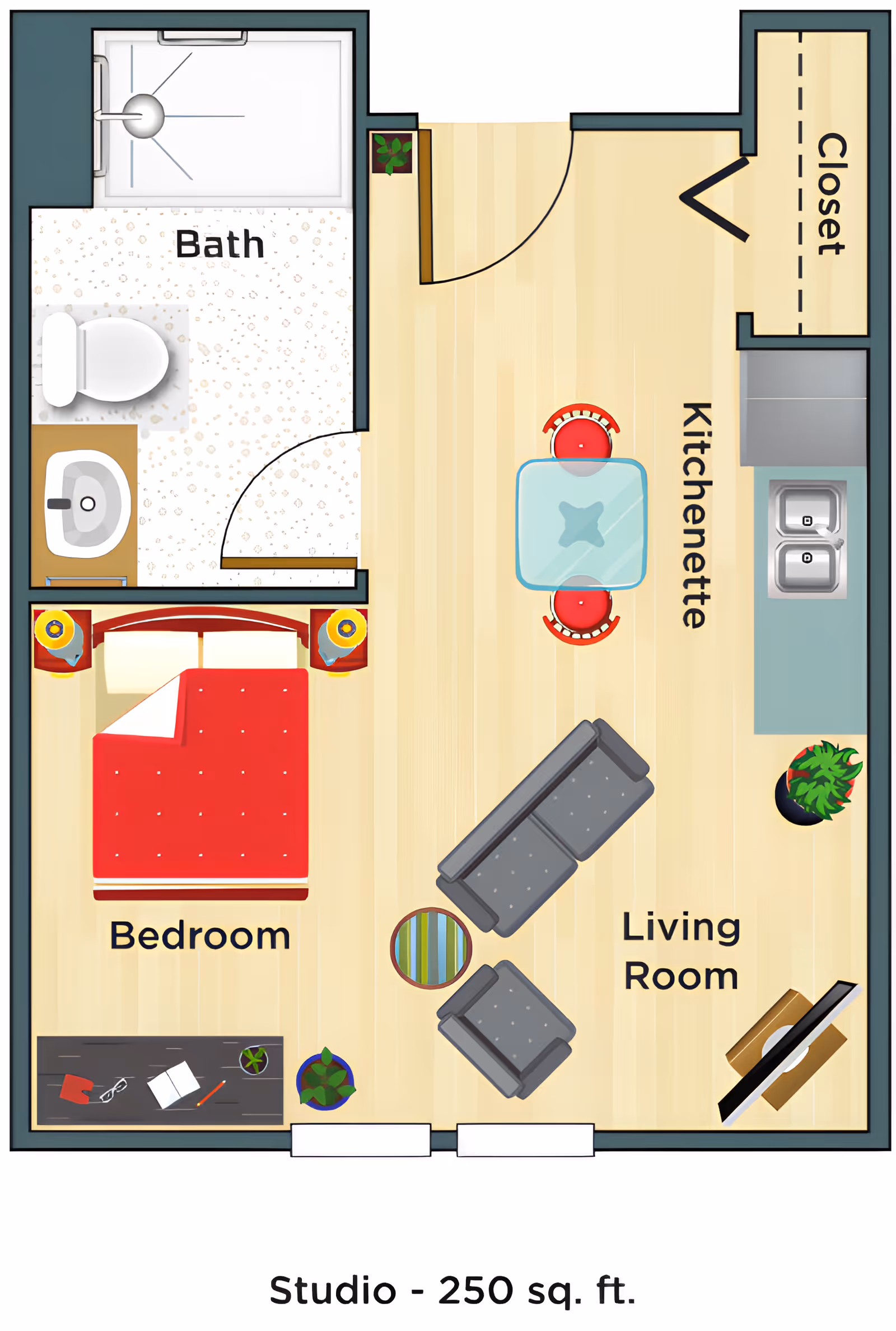 Floor plan of a 250 square foot studio apartment showing a bedroom area with a bed and nightstands, a bathroom with a shower, toilet, and sink, a kitchenette with a sink and small dining table with two chairs, a living room area with a sofa, armchair, coffee table, TV, and plants, and a closet near the entrance.