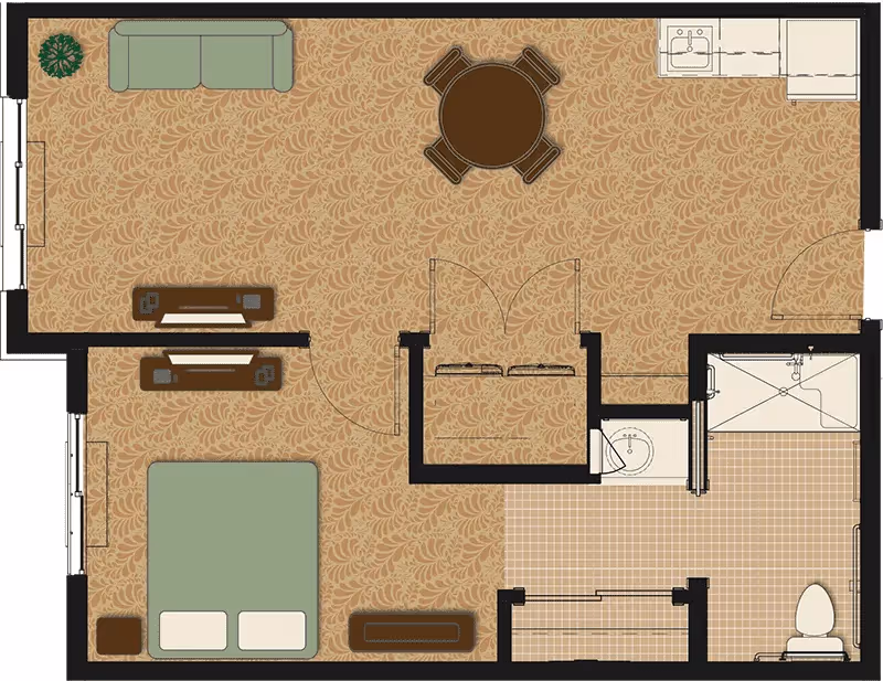 Top-down colored floor plan of a one-bedroom assisted living apartment showing a living area with sofa and dining table, a kitchenette, bedroom, and a bathroom with shower.
