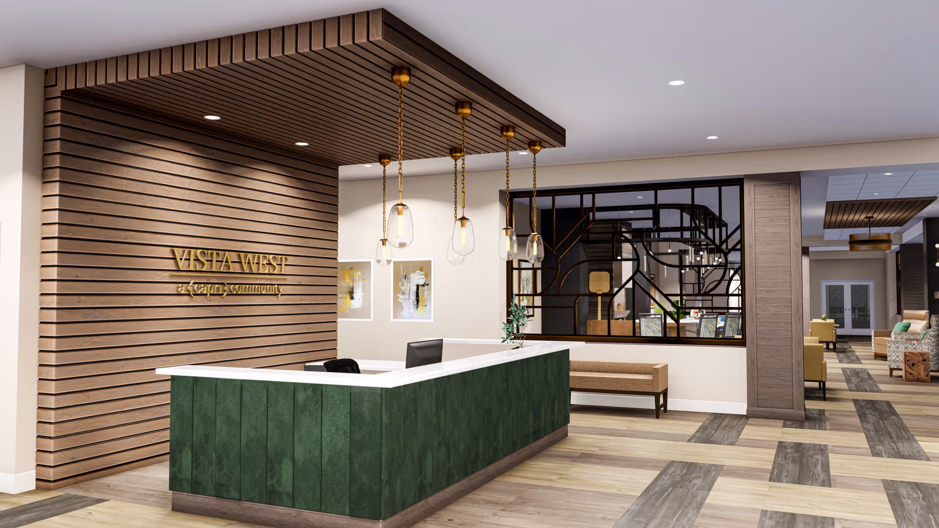 Reception area of Vista West, featuring a green front desk with a white countertop, a wooden slat wall with the facility name in gold letters, modern pendant lights hanging from a wooden ceiling panel, a bench against the wall, and a view into a lounge area with seating and decorative elements.