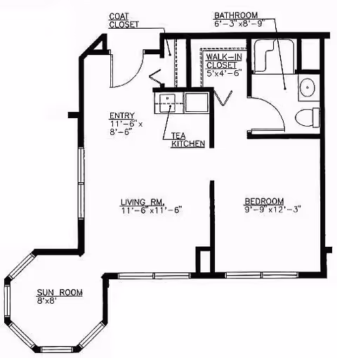 Architectural floor plan of a living space at Elan Gardens showing an entry area with a coat closet, a tea kitchen, a bathroom, a walk-in closet, a bedroom, a living room, and a sun room.