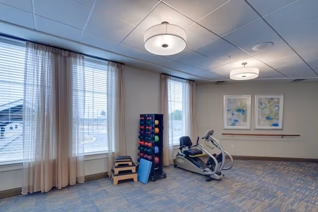 A fitness room with large windows covered by sheer curtains, a stationary exercise bike, a rack of colorful dumbbells, exercise steps, and two framed abstract paintings on the wall.