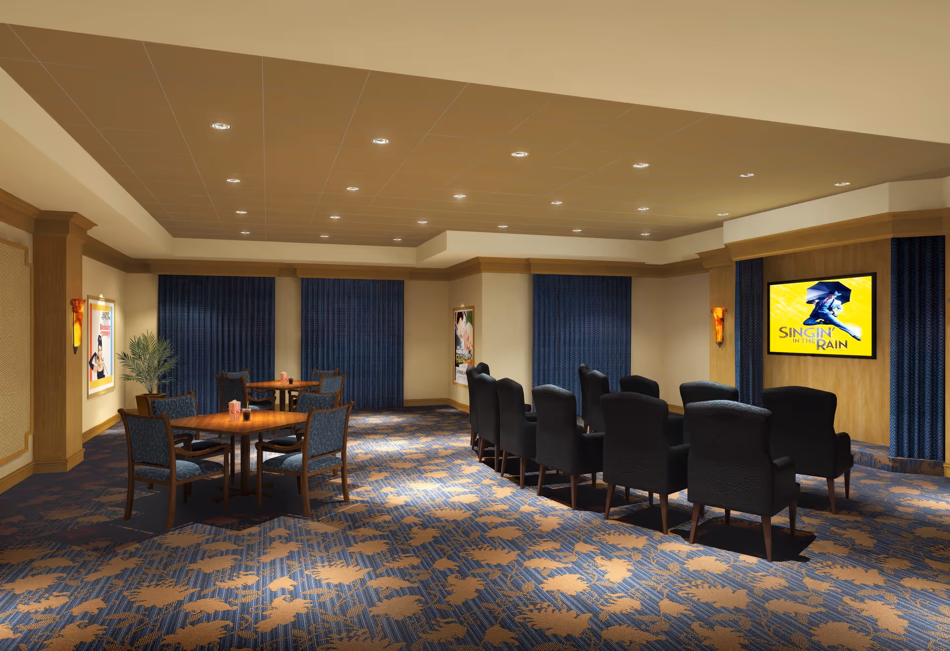 A cozy entertainment room with a patterned carpet, several blue upholstered chairs arranged in rows facing a wall-mounted TV displaying the movie poster for 'Singin' in the Rain.' There are also two round wooden tables with chairs near the back of the room, framed posters on the walls, and blue curtains covering the windows.