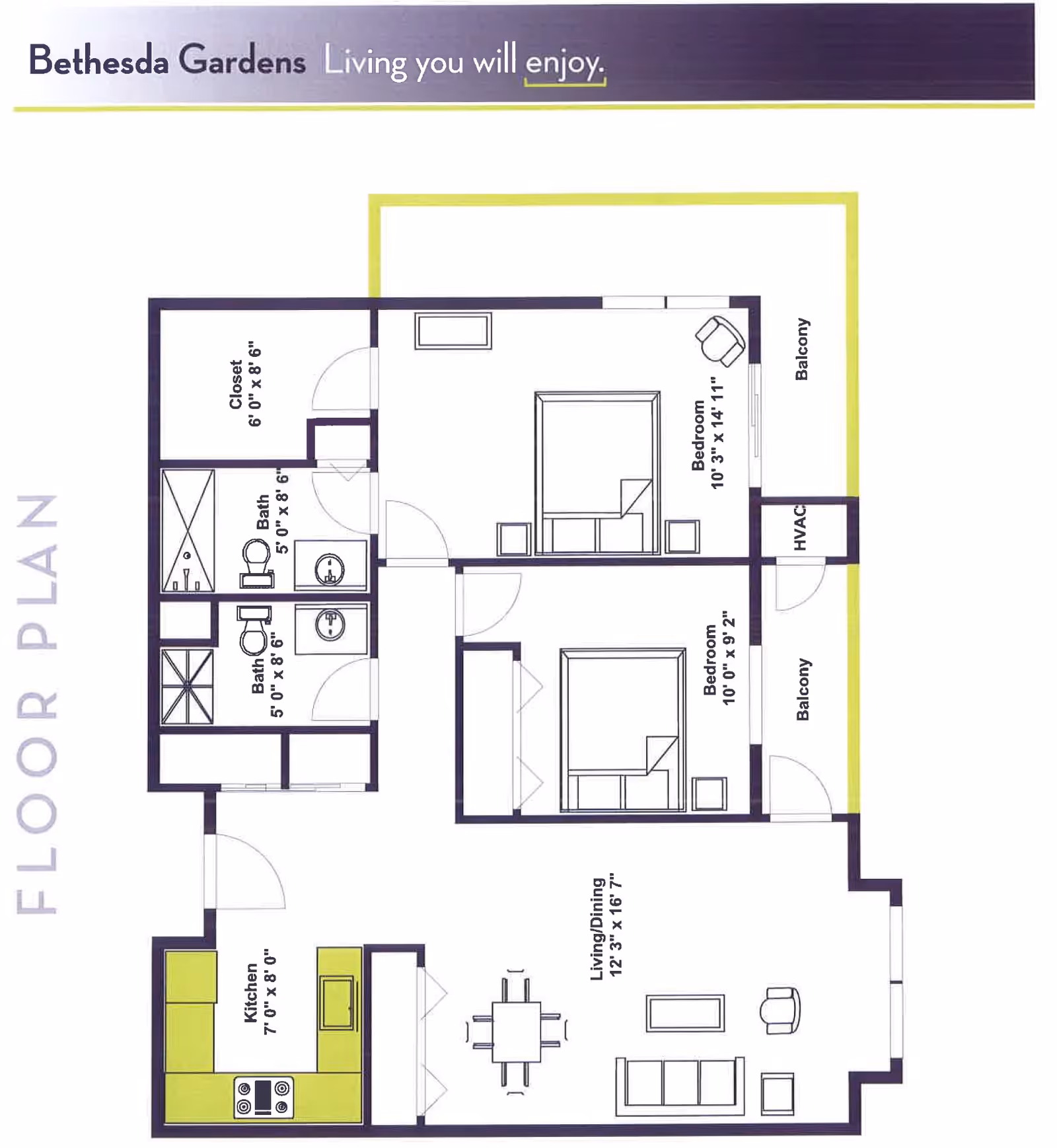 Floor plan of a residential unit at Bethesda Gardens showing two bedrooms, two bathrooms, a kitchen, a living/dining area, closets, HVAC, and two balconies. Dimensions for each room are included.