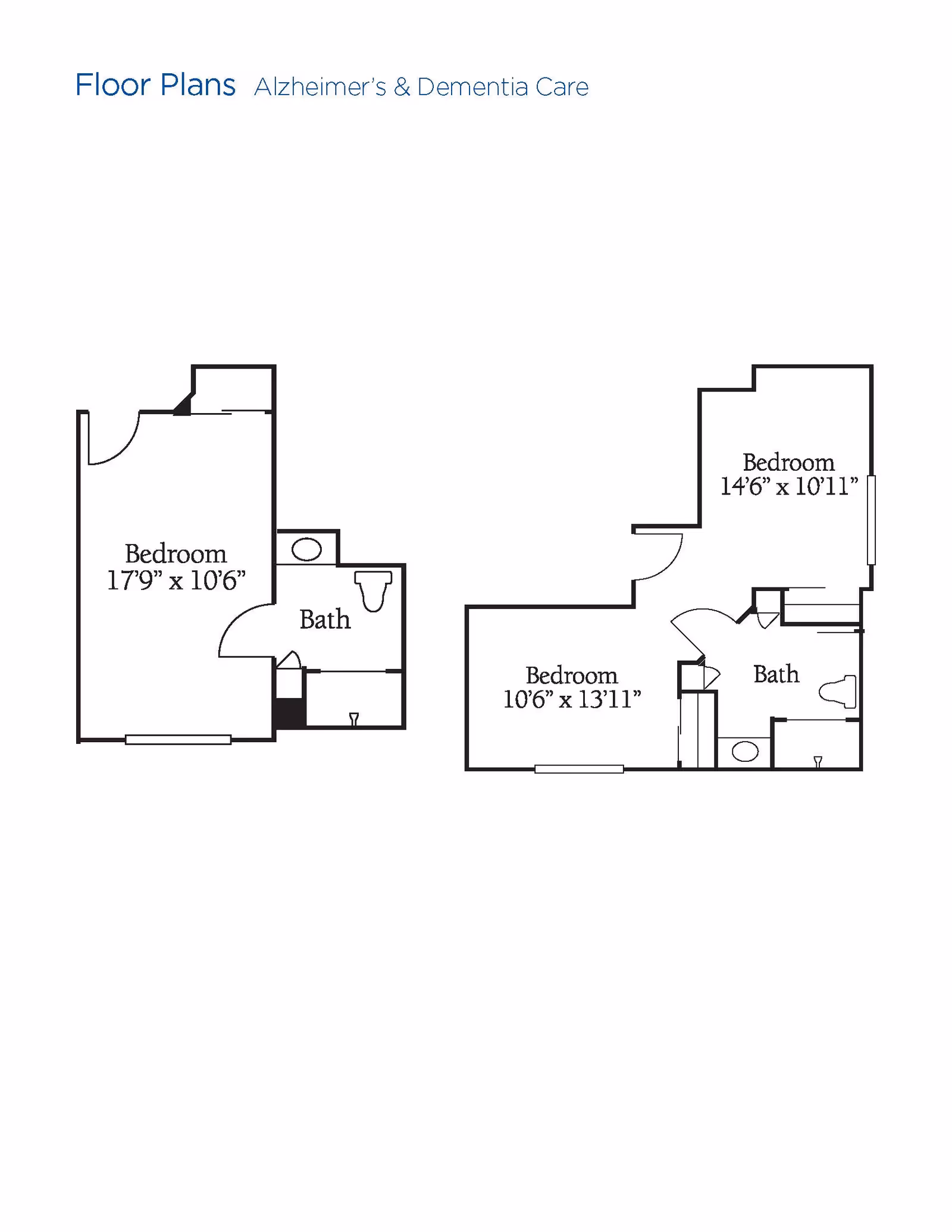 Floor plans for Alzheimer's and Dementia Care showing two layouts. The first layout includes one bedroom measuring 17 feet 9 inches by 10 feet 6 inches and a bathroom. The second layout includes two bedrooms measuring 14 feet 6 inches by 10 feet 11 inches and 10 feet 6 inches by 13 feet 11 inches, along with a bathroom.