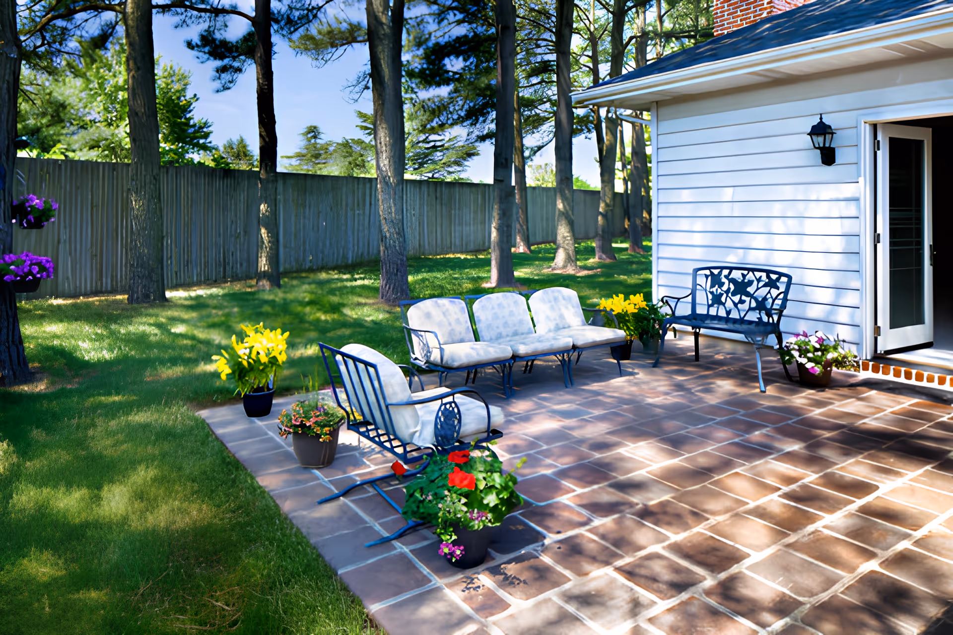 Outdoor patio area with cushioned metal chairs and benches arranged on a tiled floor, surrounded by potted flowers and greenery. The patio is adjacent to a white building with an open door leading inside, and tall trees and a wooden fence are visible in the background.