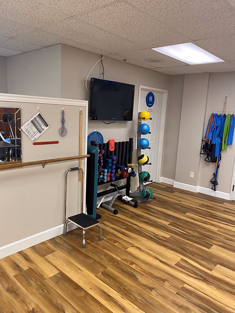 Small exercise/therapy room with wood floor, wall-mounted TV, free weights, medicine balls, resistance bands and a handrail/barre.