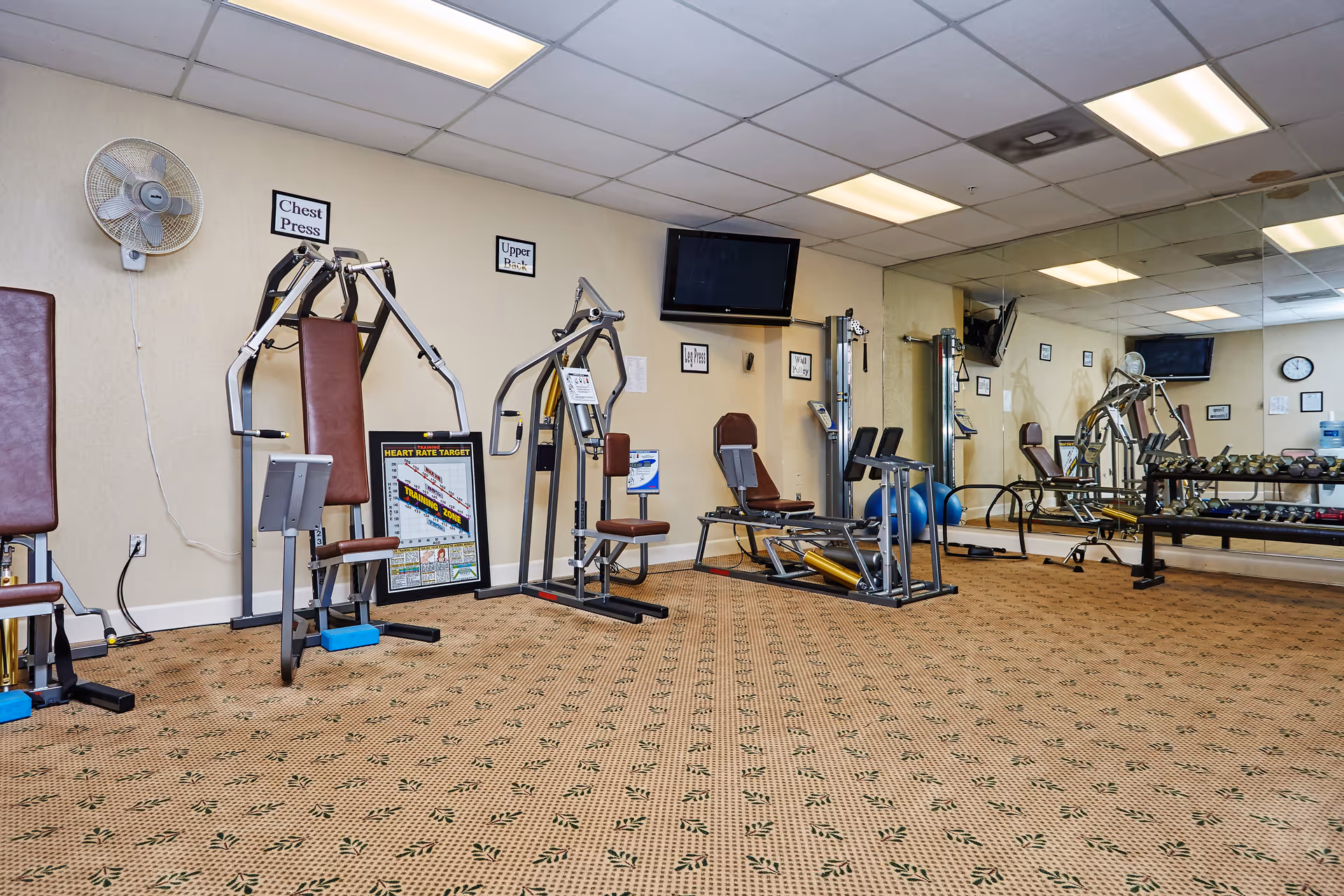 Exercise room with weight machines, free weights, exercise balls, a wall mirror and a mounted TV.