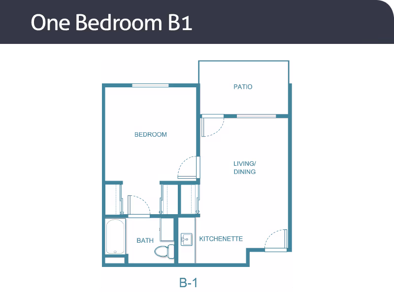 Floor plan labeled One Bedroom B1 showing a layout with a bedroom, bath, kitchenette, living/dining area, and a patio.