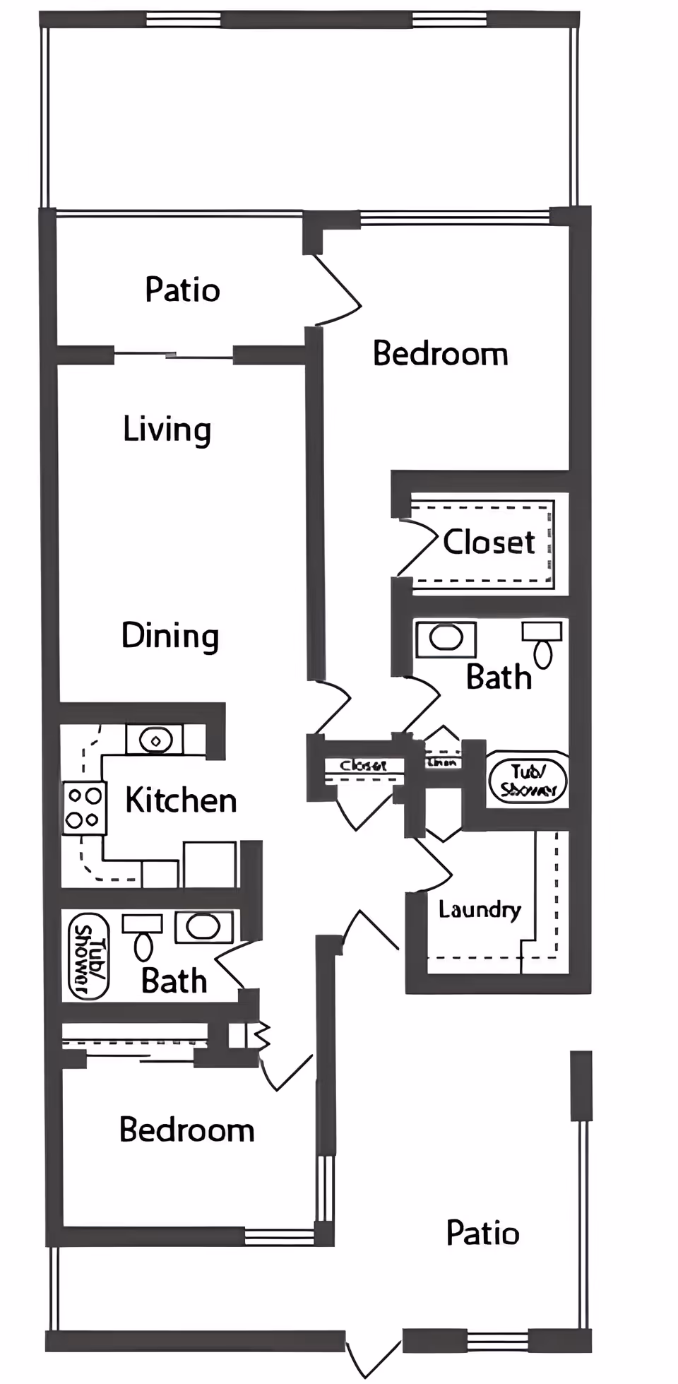 Architectural floor plan of a residential unit at The Peaks At Santa Rita showing two bedrooms, two bathrooms, kitchen, dining and living areas, laundry room, closets, and two patios.