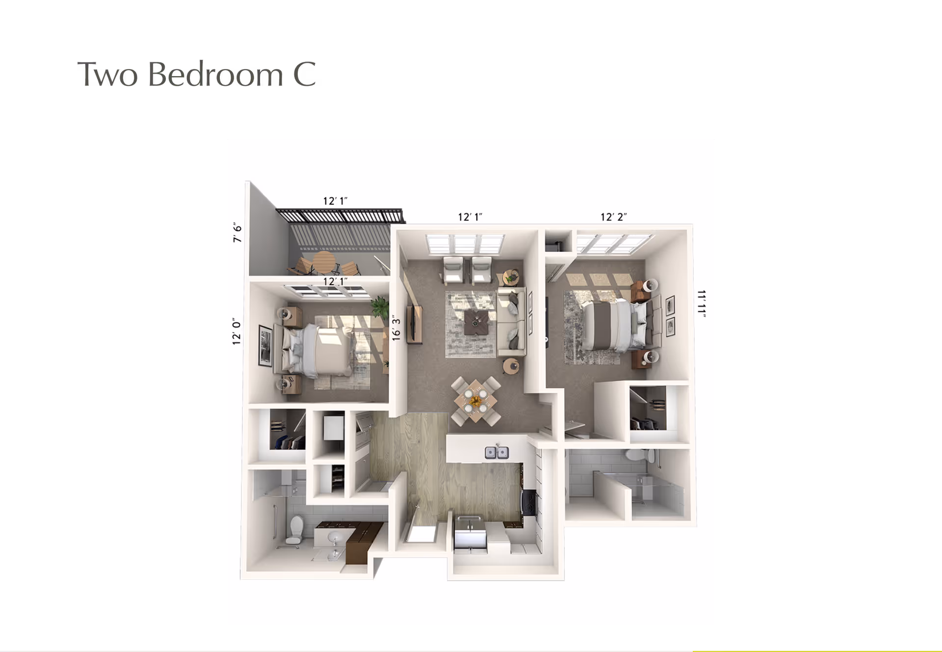 Top-down 3D floor plan labeled 'Two Bedroom C' showing a two-bedroom apartment with living room, kitchen, two bathrooms and a balcony.