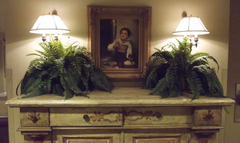 A vintage sideboard topped with two large potted ferns and lit table lamps, with a framed portrait hanging on the wall above.