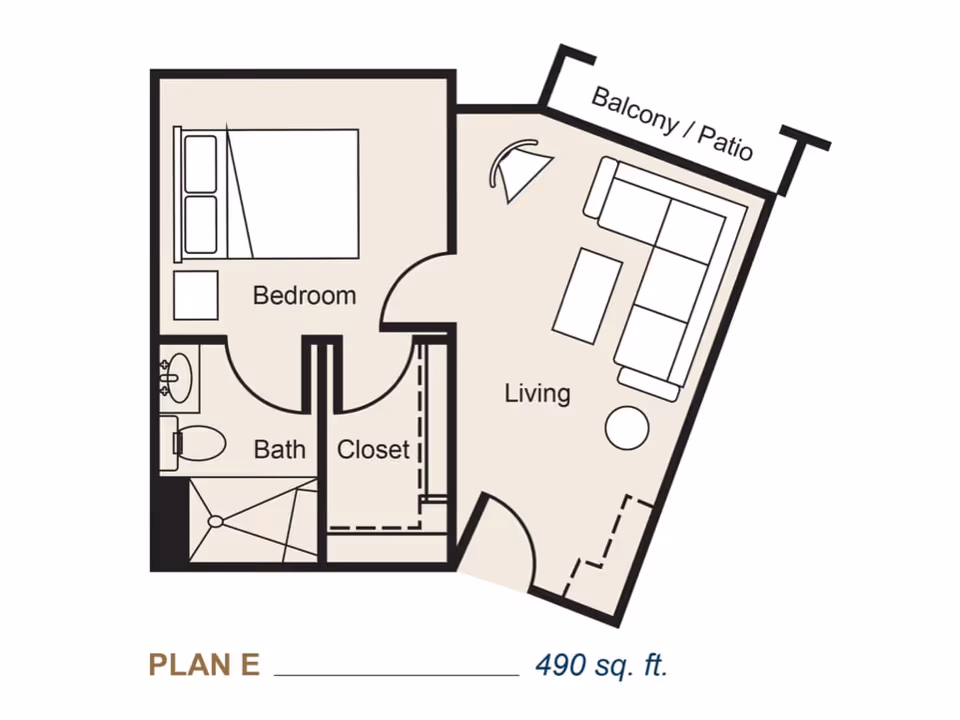 Floor plan of a one-bedroom apartment labeled Plan E with 490 square feet, showing a bedroom with a bed and nightstand, a bathroom with a sink, toilet, and shower, a closet, a living area with a sectional sofa, coffee table, lamp, and a balcony/patio.