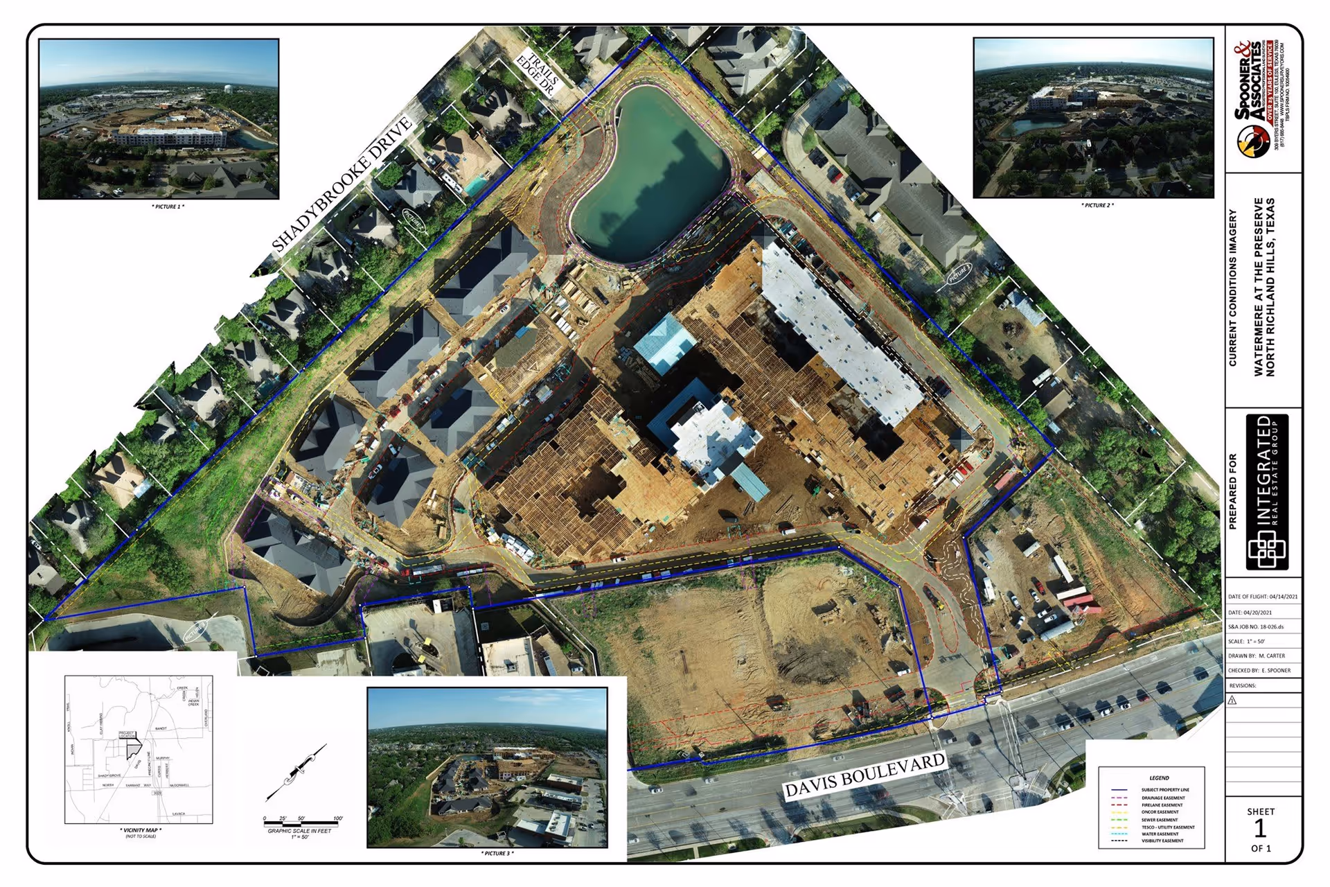 Aerial site plan and current conditions imagery of Watermere at the Preserve senior living facility under construction in North Richland Hills, Texas. The image shows the layout of buildings, roads including Shadybrooke Drive and Davis Boulevard, a pond, and surrounding residential areas. Insets include three smaller aerial photos of the site from different angles, a vicinity map, and a graphic scale in feet. The plan includes property lines and various easements marked with colored dashed lines.