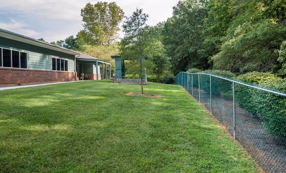 A grassy outdoor area at Mint Hill Senior Living with a small tree in the center, a green building with brick accents on the left, and a chain-link fence running along the right side. There are trees and bushes in the background under a partly cloudy sky.