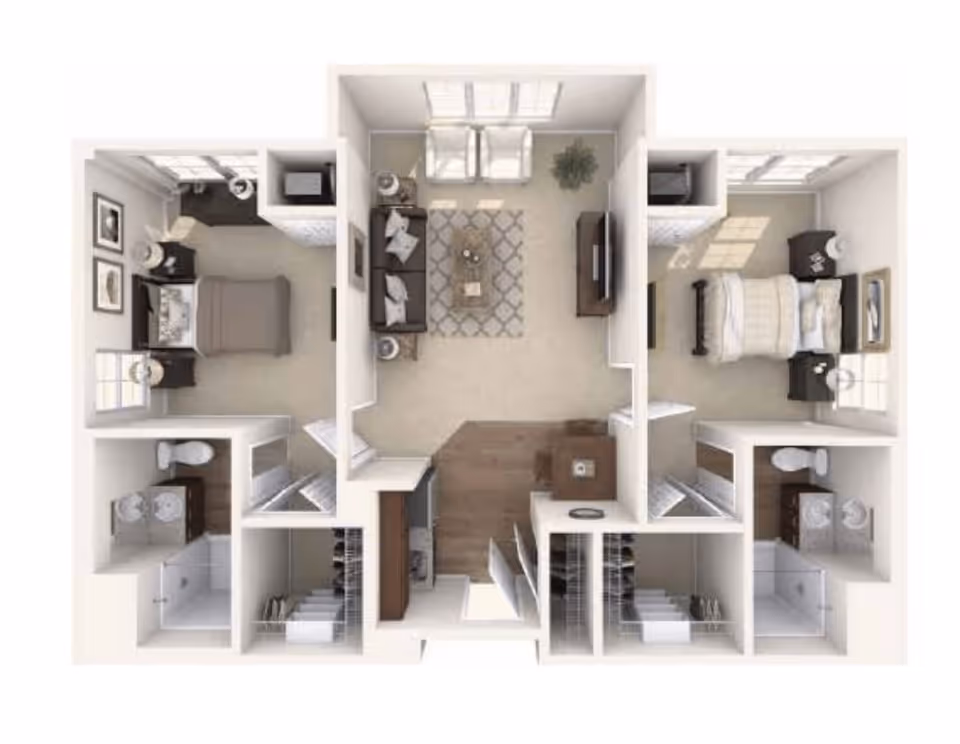 Top-down view of a two-bedroom apartment floor plan featuring a central living room with sofa, chairs, coffee table, and TV. Each bedroom has a bed, nightstands, and windows. There are two bathrooms with sinks, toilets, and showers, and a kitchen area with appliances and cabinetry.
