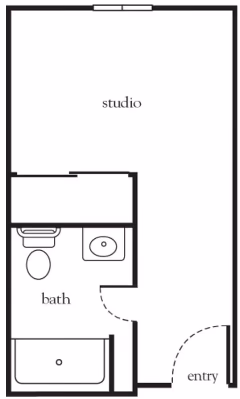 Floor plan of a studio apartment with an entry area, a combined studio living space, and a bathroom that includes a toilet, sink, and bathtub.
