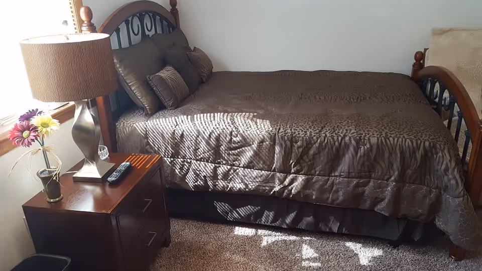 A bedroom with a wooden bed frame and a brown patterned bedspread. There are several matching pillows on the bed. Next to the bed is a wooden nightstand with two drawers, a silver lamp with a brown lampshade, a TV remote, and a small vase with colorful artificial flowers. Sunlight is coming through a window on the left side, casting shadows on the bed and carpeted floor.
