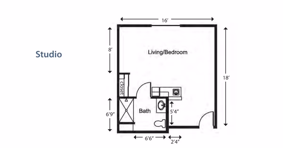 Floor plan of a studio apartment at Fountain Court Senior Living showing a combined living and bedroom area measuring 16 feet by 18 feet, a bathroom with a shower, toilet, and sink, and a closet near the bathroom.