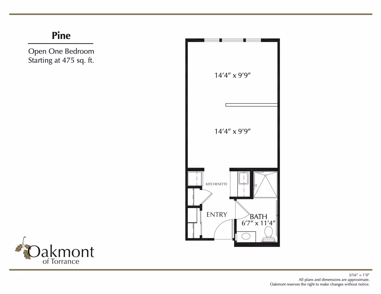 Floor plan for Pine, an open one-bedroom apartment starting at 475 square feet at Oakmont of Torrance. The layout includes an entry area with a kitchenette, a bathroom measuring 6 feet 7 inches by 11 feet 4 inches, and a main living/sleeping area divided into two sections each measuring 14 feet 4 inches by 9 feet 9 inches.