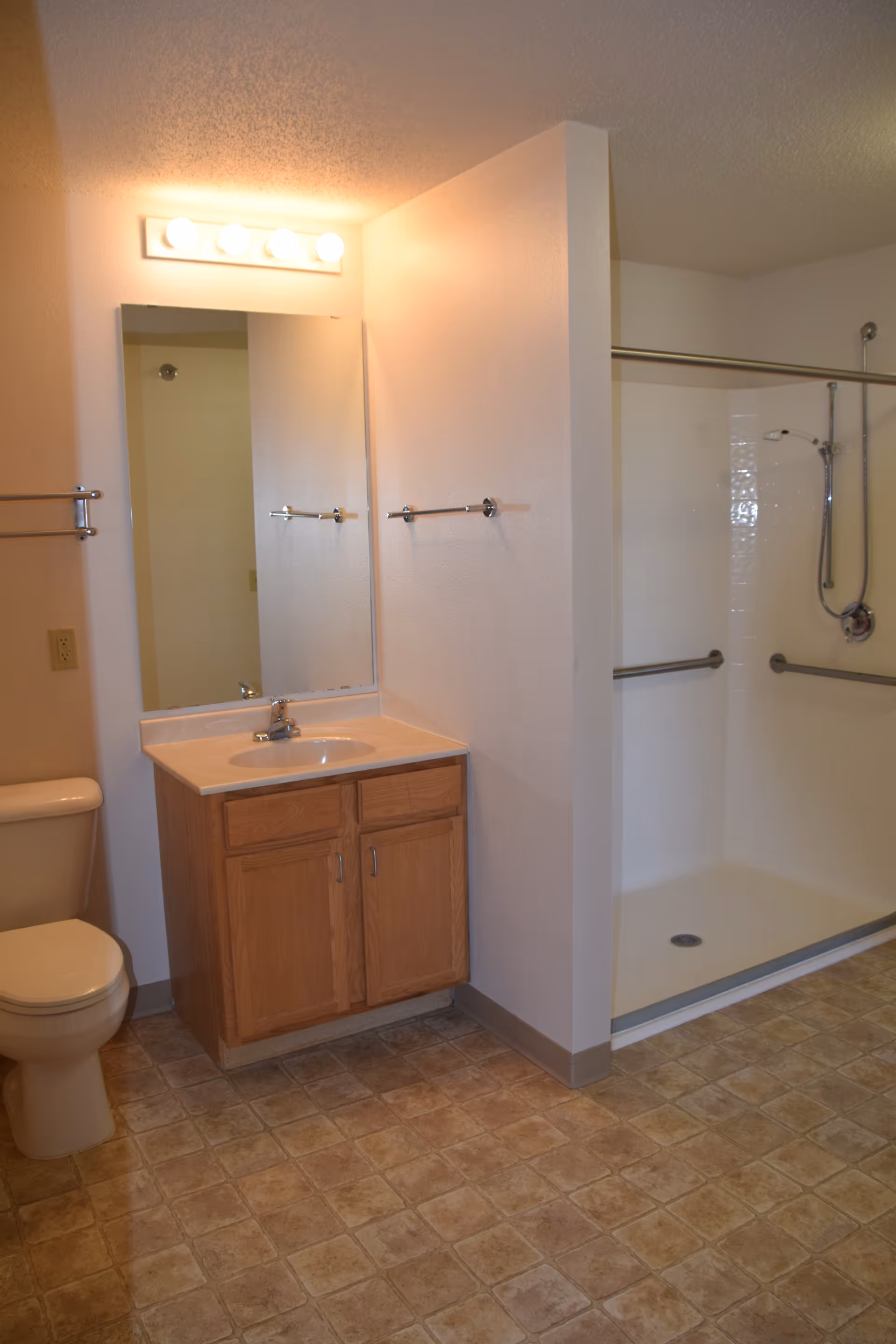 A bathroom with a toilet, a wooden vanity with a sink and faucet, a large mirror above the vanity, and a walk-in shower with grab bars and a handheld showerhead. The floor has a tiled pattern and the walls are painted white.