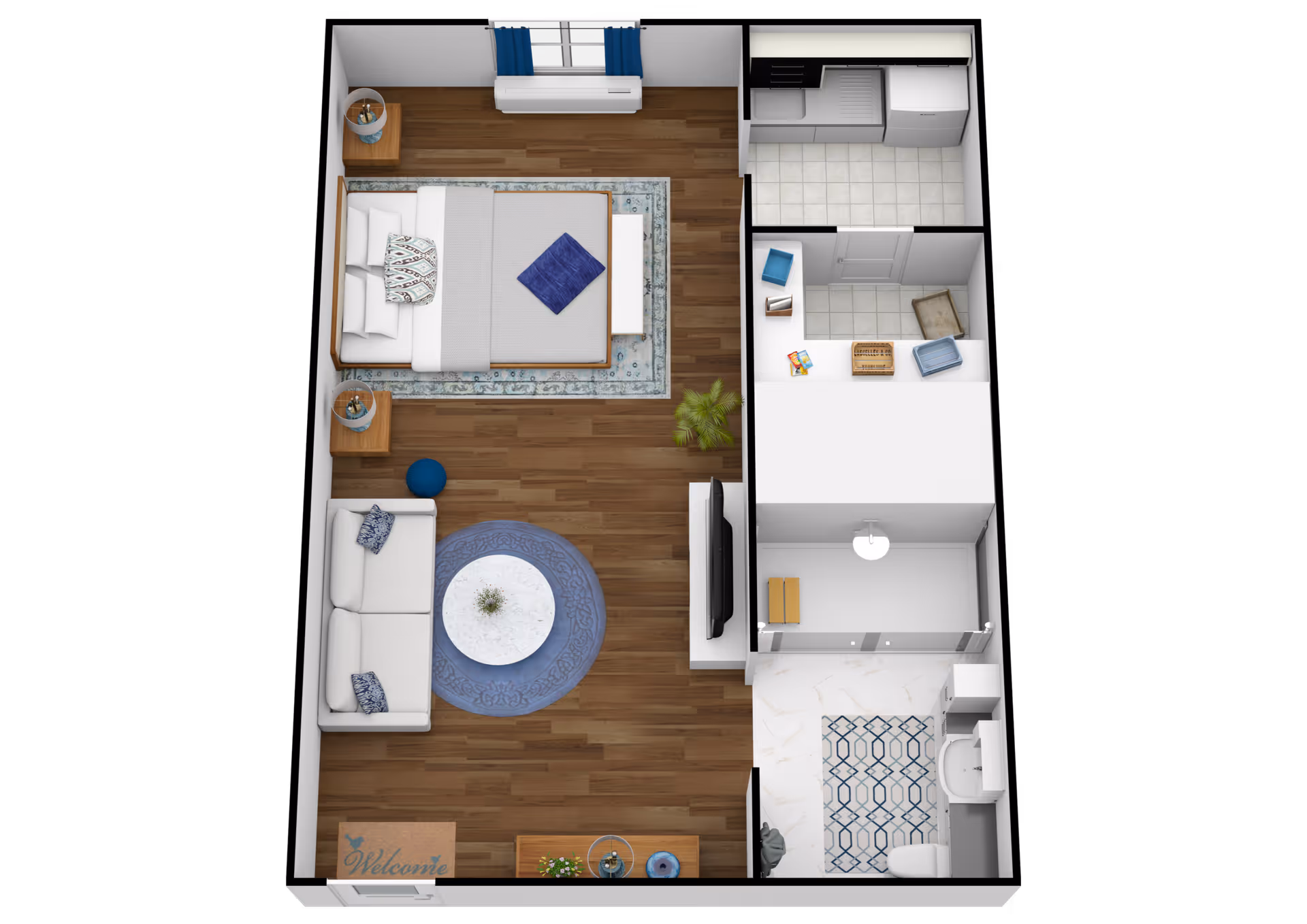 3D floor plan of a senior living unit at Bridgewood Gardens showing a combined bedroom and living area with a bed, sofa, round coffee table, and TV. Adjacent to this space is a kitchen area with appliances, a small hallway with storage, and a bathroom with a toilet, sink, and shower.