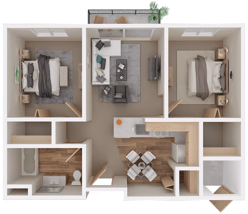 Top-down view of a two-bedroom apartment floor plan featuring a living room with a sectional sofa and armchair, a kitchen with a dining table and four chairs, a bathroom with a bathtub, sink, and toilet, and two bedrooms each with a bed, nightstands, and lamps. There is also a small outdoor patio area with two chairs and a table.
