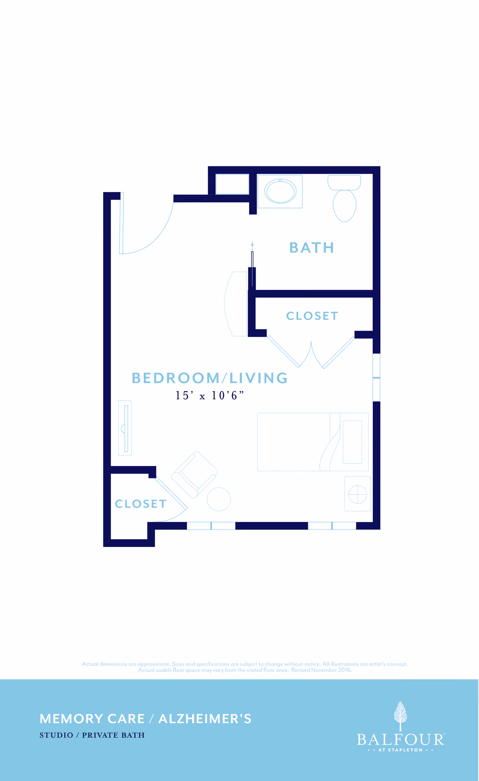 Floor plan of a studio apartment for memory care and Alzheimer's with a combined bedroom and living area measuring 15 feet by 10 feet 6 inches, a private bath, and two closets. The layout includes a bed, chair, and small table in the bedroom/living area.