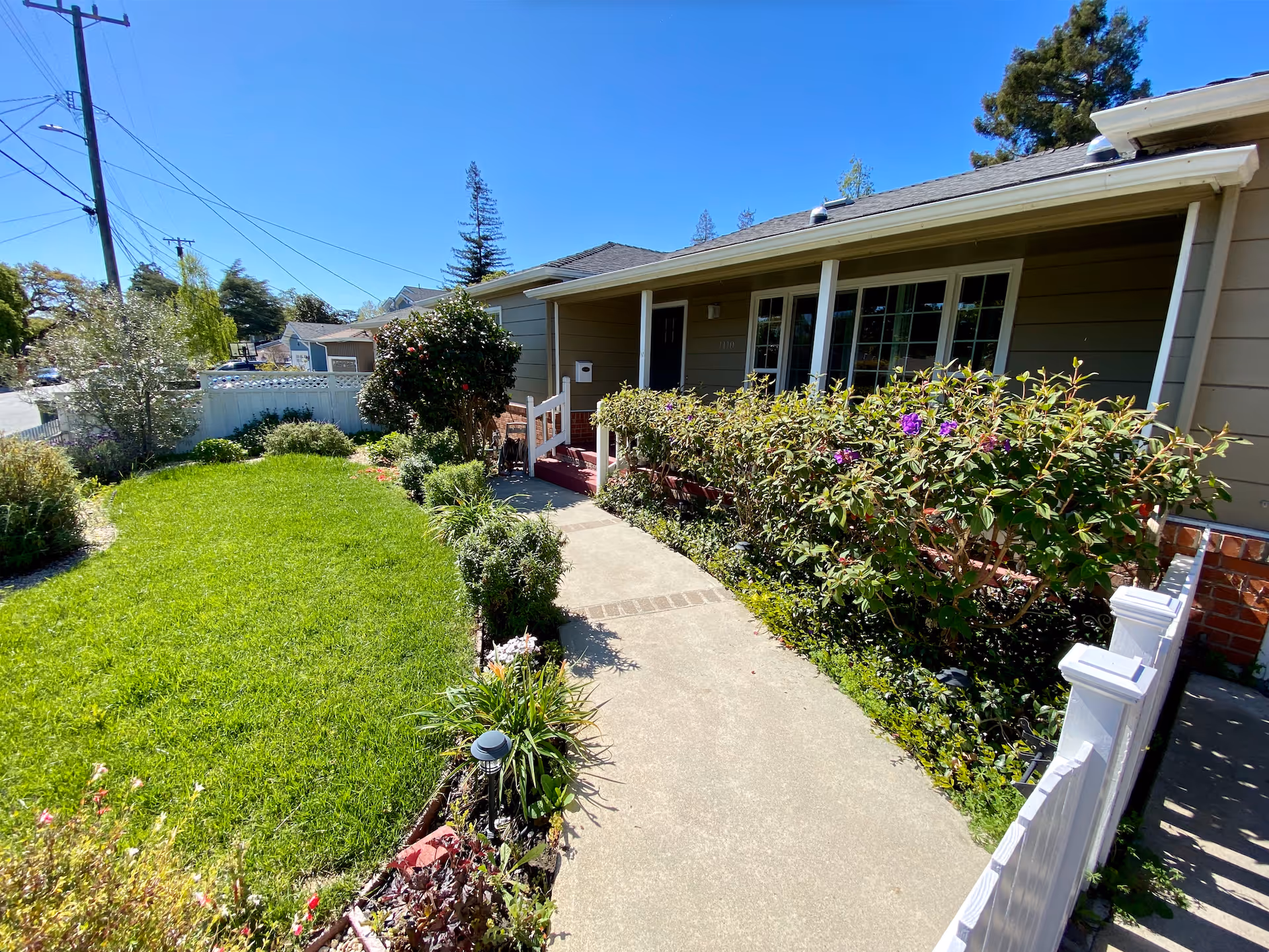 A sunny outdoor view of a single-story building with a concrete walkway leading to the entrance. The walkway is bordered by green bushes with purple flowers on one side and a well-maintained grassy lawn with various plants and shrubs on the other. There is a white fence along the walkway and power lines visible in the background under a clear blue sky.