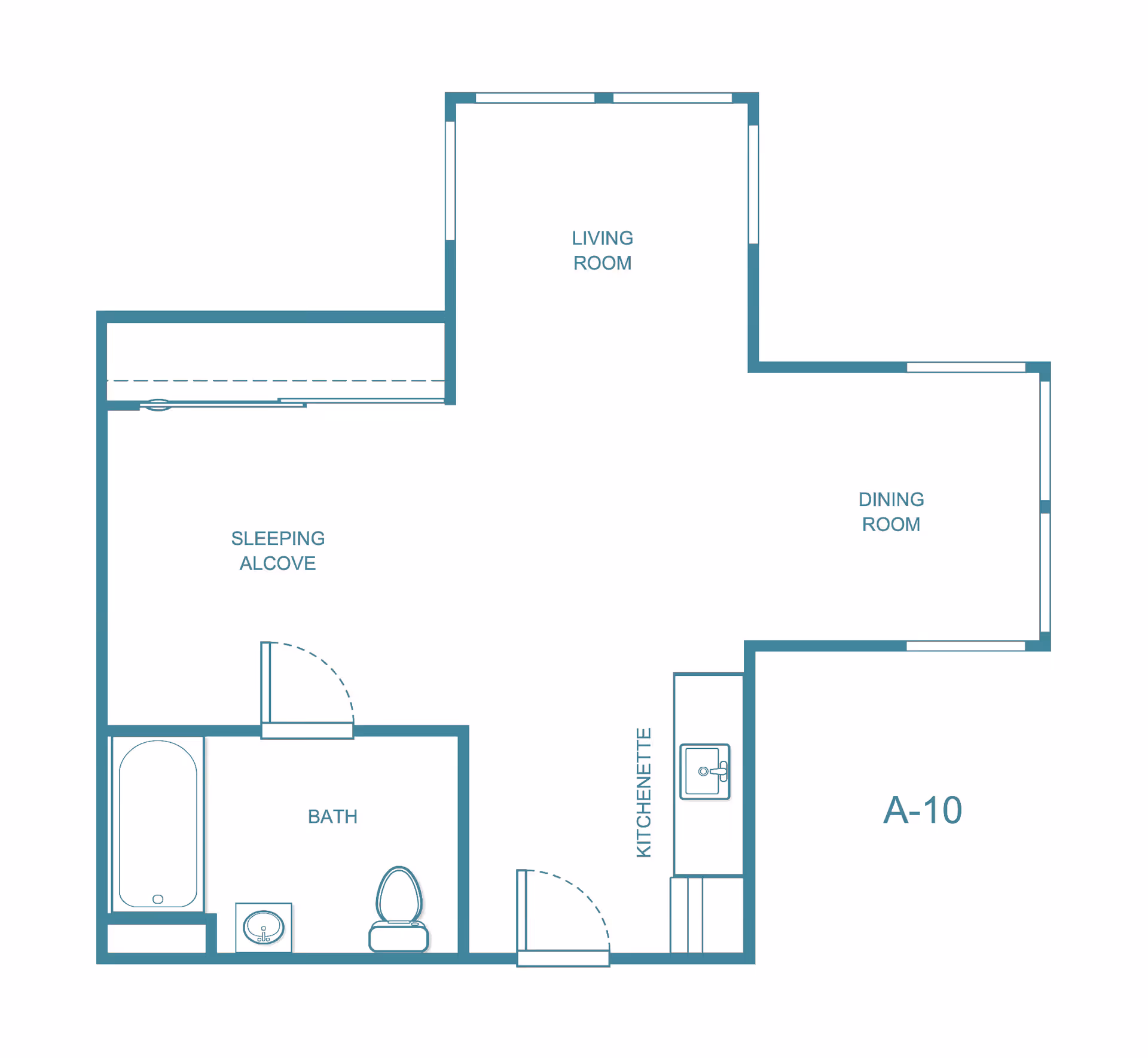 Floor plan layout of a unit labeled A-10 at Truewood by Merrill, Pinole, showing a sleeping alcove, bath with bathtub, sink, and toilet, kitchenette with sink, living room, and dining room areas.