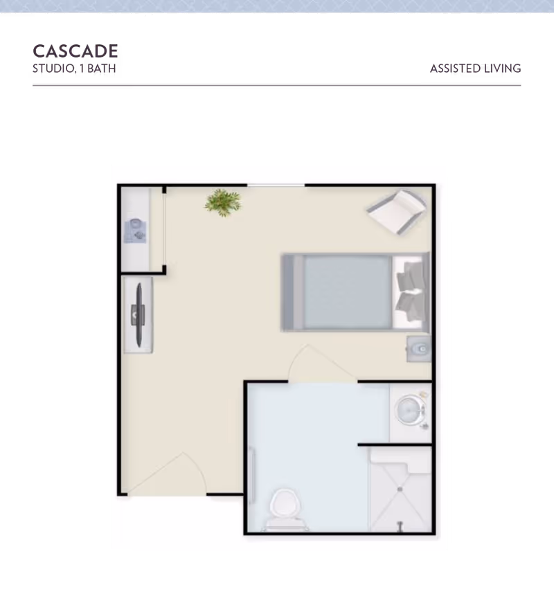 Floor plan of a studio apartment named Cascade with one bathroom, showing a combined living and sleeping area with a bed, chair, TV, and a small kitchenette, along with a separate bathroom containing a toilet, sink, and shower.