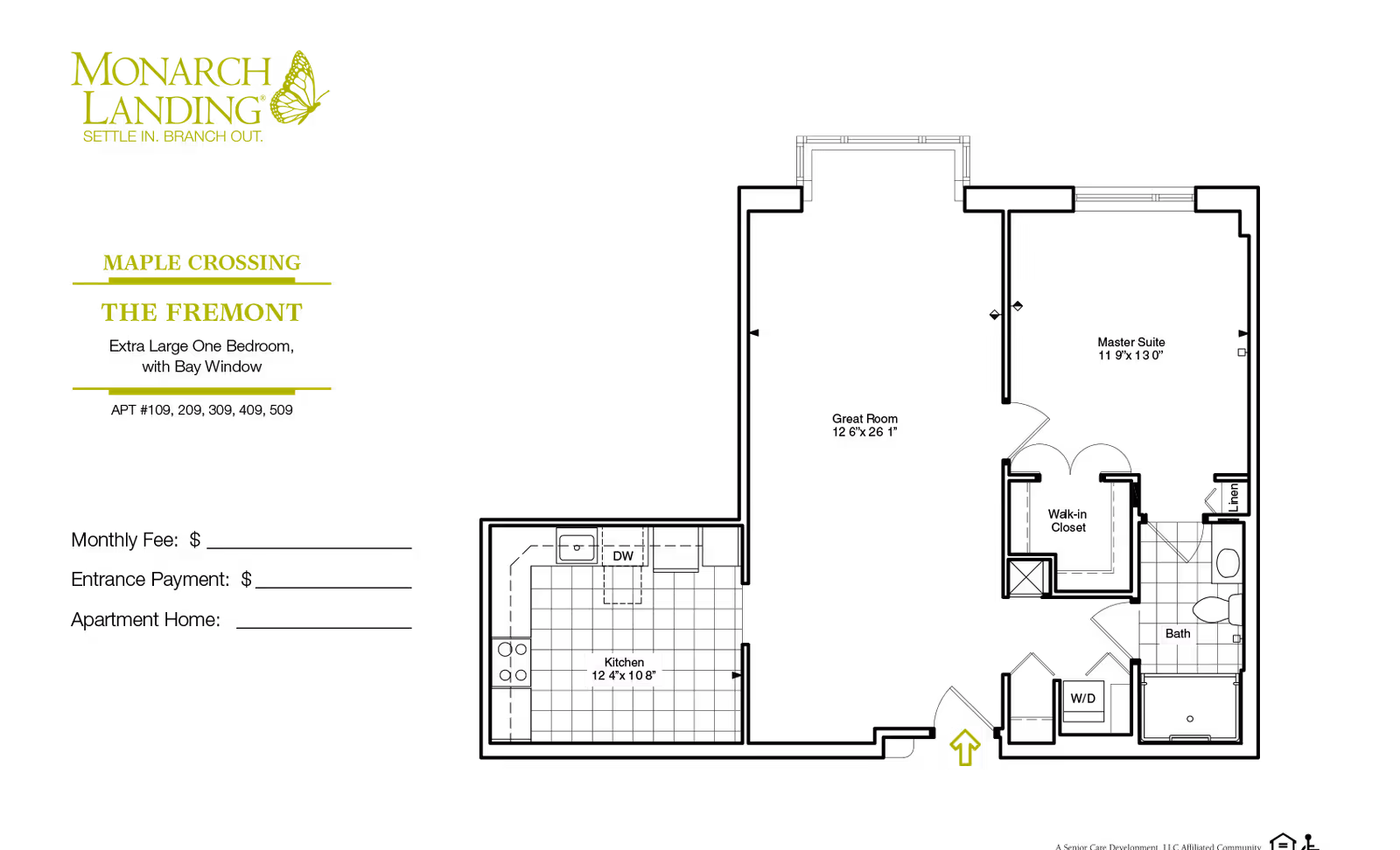 Floor plan layout of The Fremont unit at Monarch Landing, showing labeled areas including kitchen and bath with dimensions.