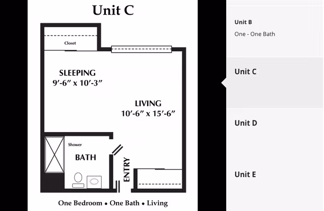Black-and-white floor plan labeled Unit C showing a one-bedroom, one-bath layout with sleeping area, living area, bath, and entry.