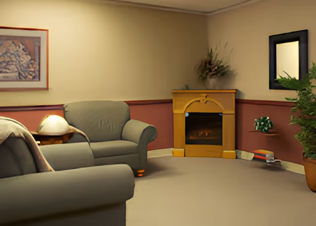 Cozy living room with two green upholstered sofas, a wooden electric fireplace, framed artwork, and potted plants.