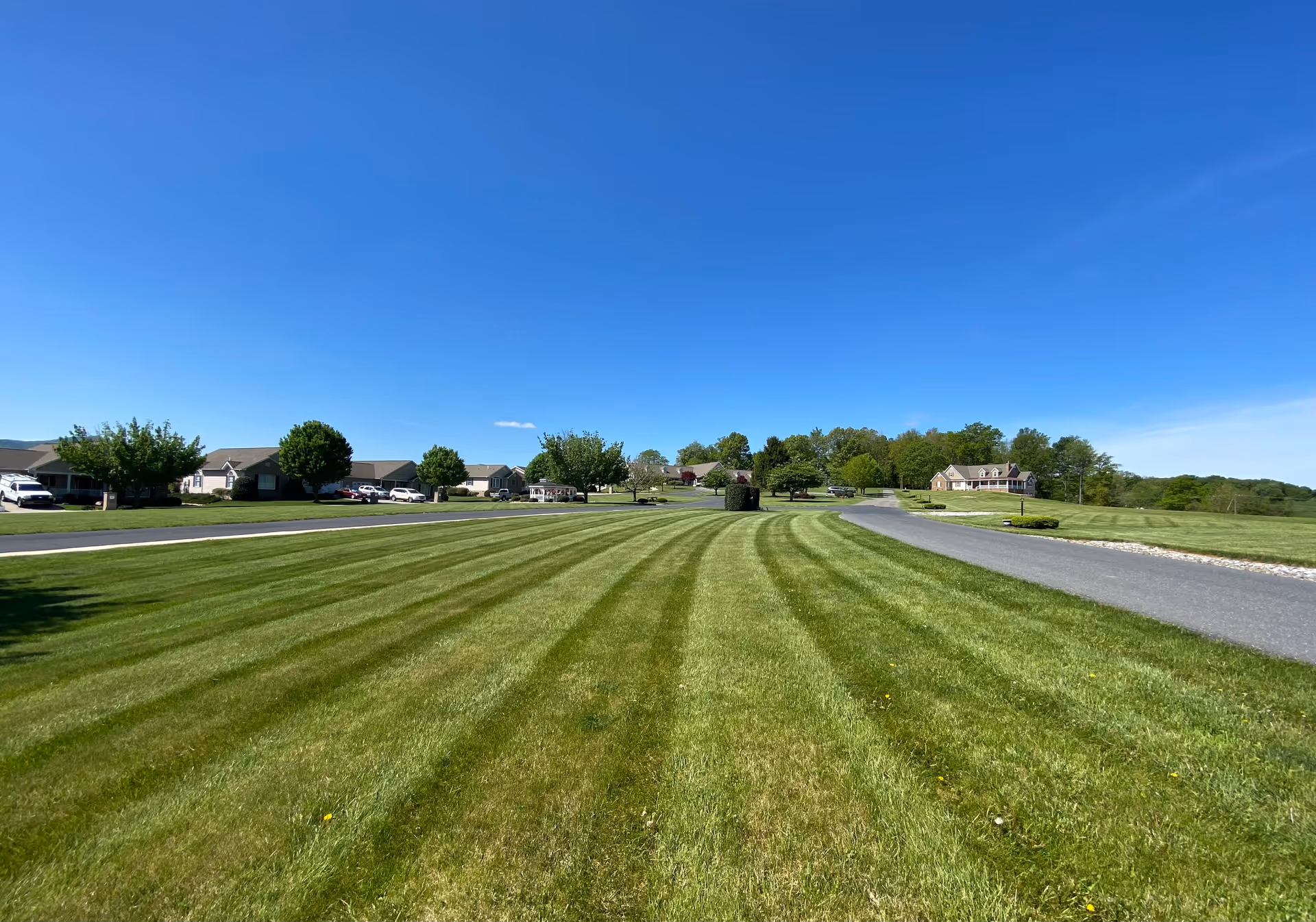 Wide view of a well-maintained grassy lawn with striped mowing patterns, a paved road curving to the right, several trees, and single-story residential buildings under a clear blue sky.