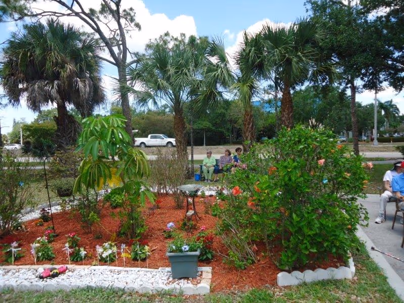 A garden area with various plants and flowers surrounded by white stone edging and red mulch. In the background, there are palm trees and a few people sitting on benches. A white pickup truck is visible on the road behind the garden under a partly cloudy sky.