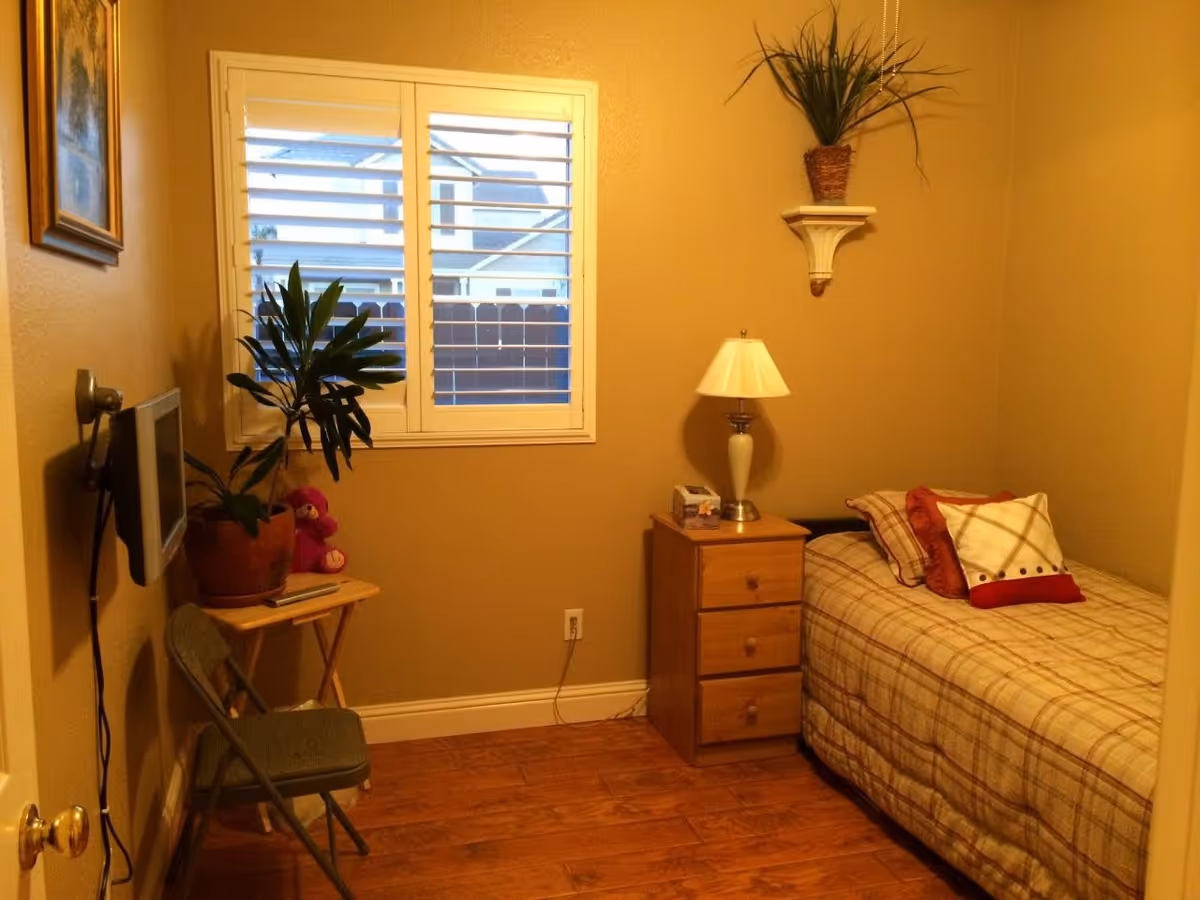 A small bedroom with a single bed covered in a plaid bedspread and several pillows. Next to the bed is a wooden nightstand with a lamp and a tissue box. A potted plant is placed on a small table near a window with white shutters. A folding chair is positioned against the wall, and a small wall-mounted TV is visible. The walls are painted beige, and there is a decorative plant on a wall shelf above the bed.