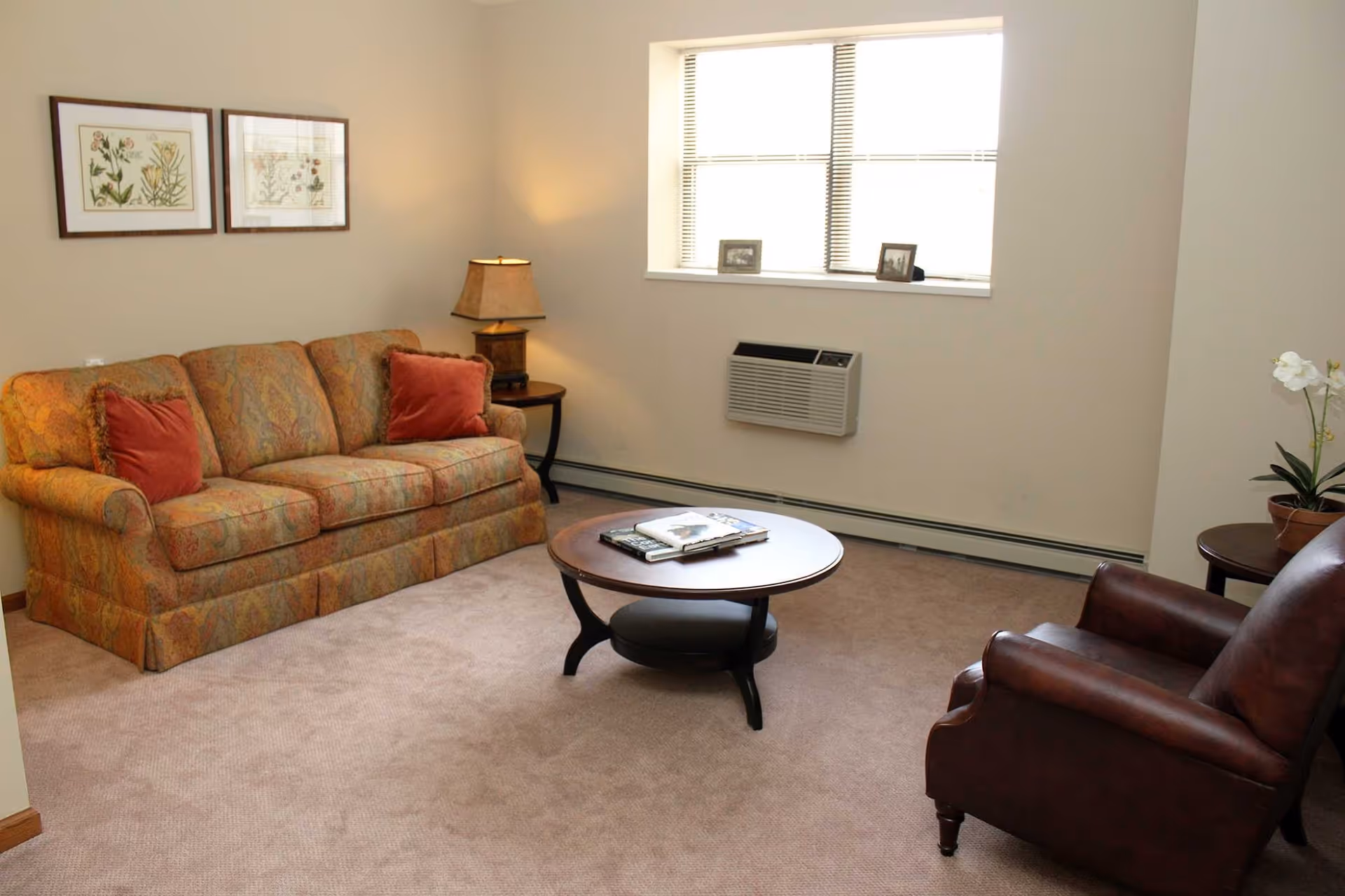 A cozy living room with a patterned sofa with two red cushions, a round wooden coffee table with books on it, a brown leather armchair, a side table with a lamp, a window with blinds, and two framed botanical prints on the wall.