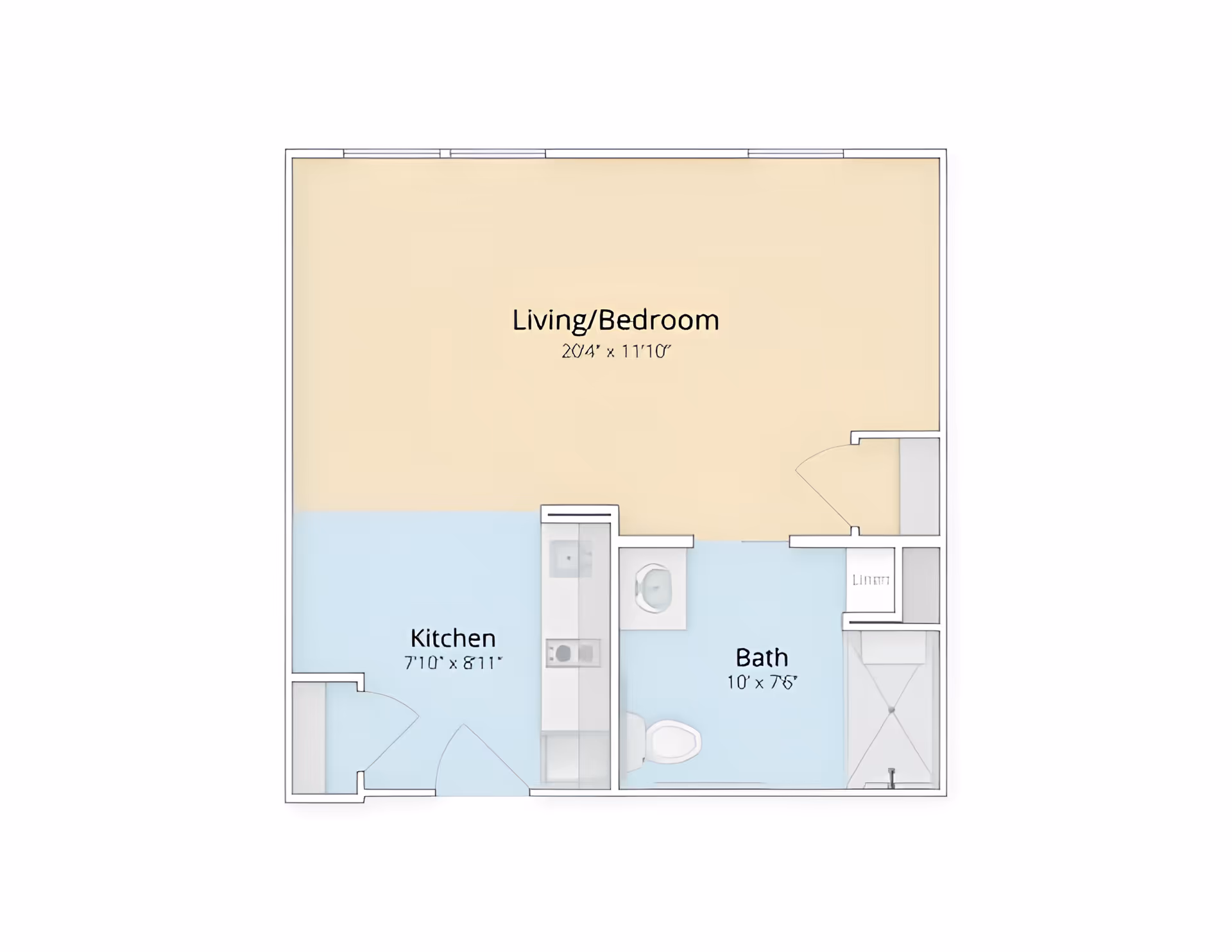Floor plan of a small apartment unit at Autumn Glen at Dartmouth showing a combined living and bedroom area measuring 20 feet 4 inches by 11 feet 10 inches, a kitchen measuring 7 feet 10 inches by 8 feet 11 inches, and a bathroom measuring 10 feet by 7 feet 6 inches with a linen closet.