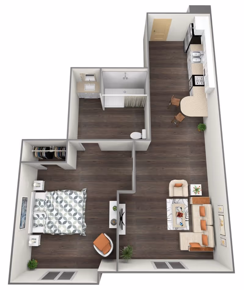 3D floor plan of a one-bedroom apartment showing a bedroom, bathroom, open kitchen with breakfast bar, and living room.