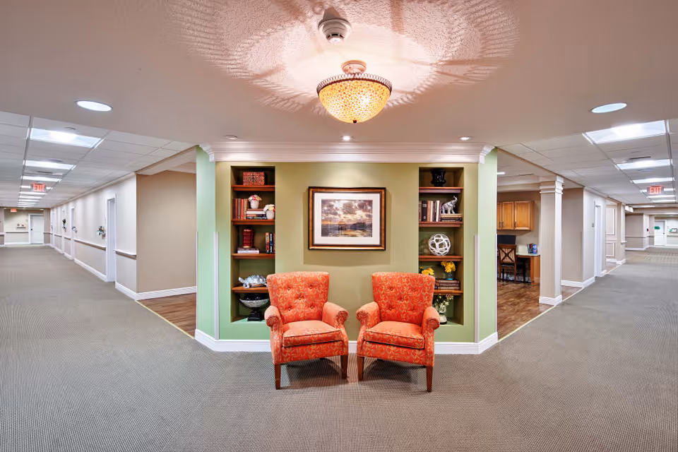 A well-lit interior hallway seating area with two patterned armchairs in front of built-in shelves and a framed painting.
