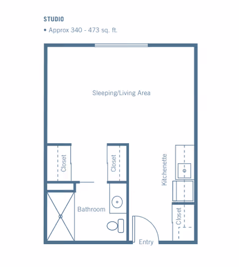 Floor plan of a studio apartment approximately 340 to 473 square feet, showing a combined sleeping and living area, a bathroom with shower and toilet, two closets, a kitchenette, and an entry door.
