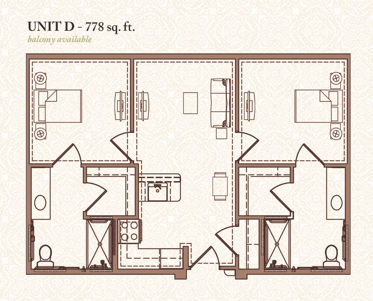 Floor plan of Unit D with 778 square feet, showing two bedrooms, two bathrooms, a kitchen, and a living area. The layout includes a balcony available, with furniture placement indicated in each room.