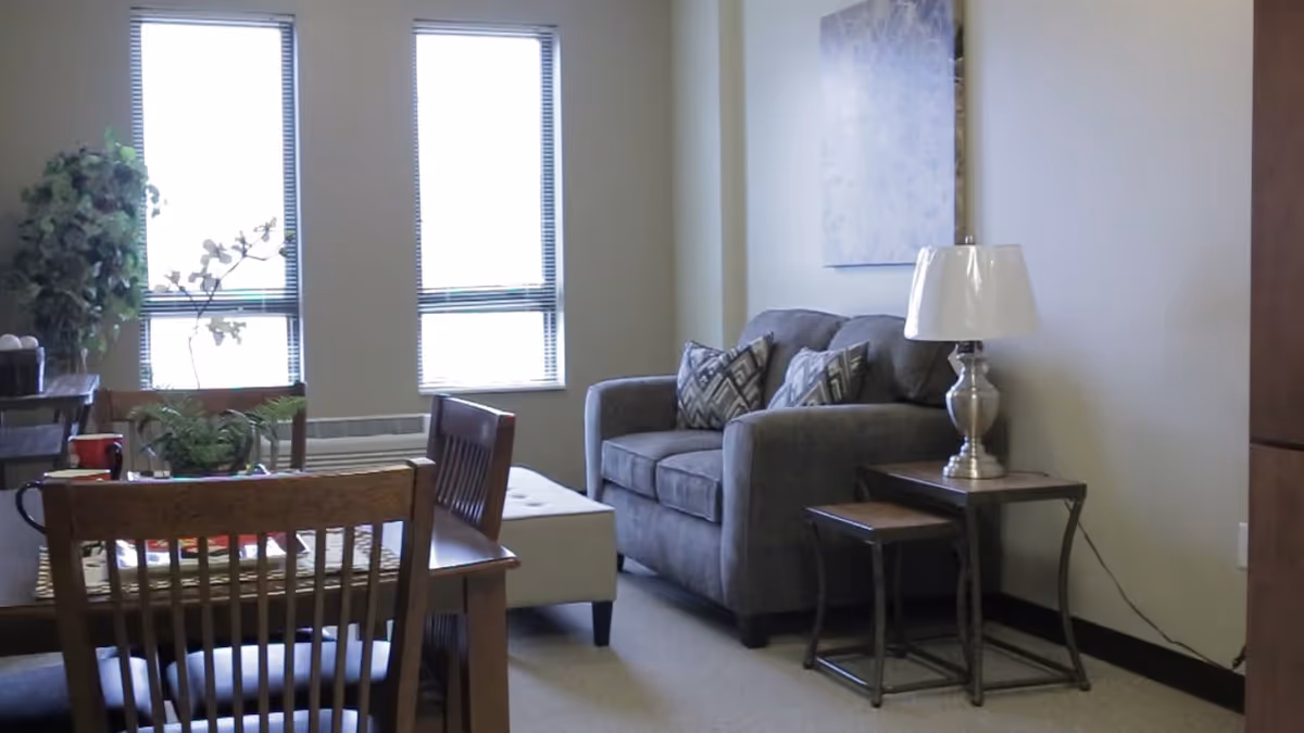 A cozy living room area with a gray loveseat adorned with patterned pillows, a side table with a lamp, and a dining table with wooden chairs. Two large windows with blinds allow natural light to fill the room. There are also some plants and a piece of wall art above the loveseat.