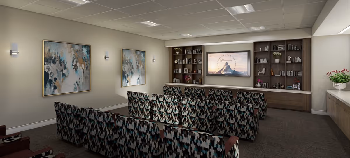 Small screening room with patterned upholstered chairs facing a wall-mounted TV and built-in bookshelves.